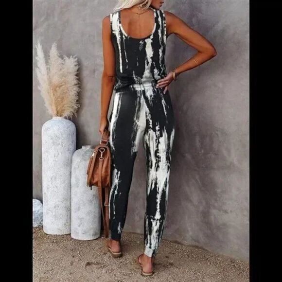 Jumpsuits Casual Round Neck Elastic Drawstring Waist Stretchy Romper w/ Pockets - Picture 2 of 7